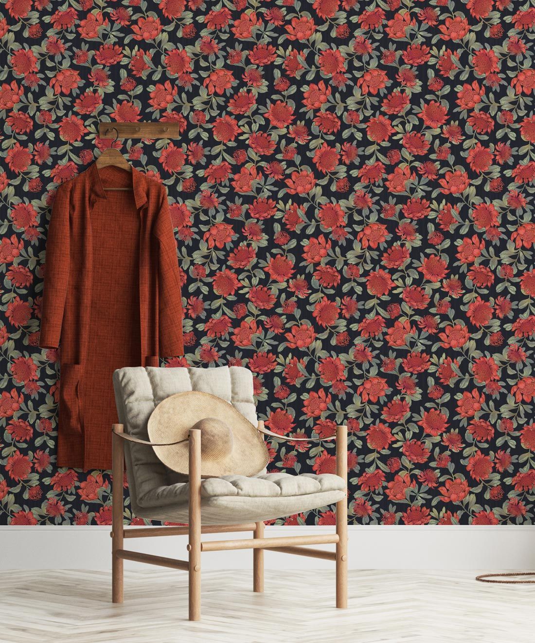 Waratah Wallpaper • Eloise Short • Vintage Floral Wallpaper • Granny Chic Wallpaper • Grandmillennial Style Wallpaper • Slate • Insitu