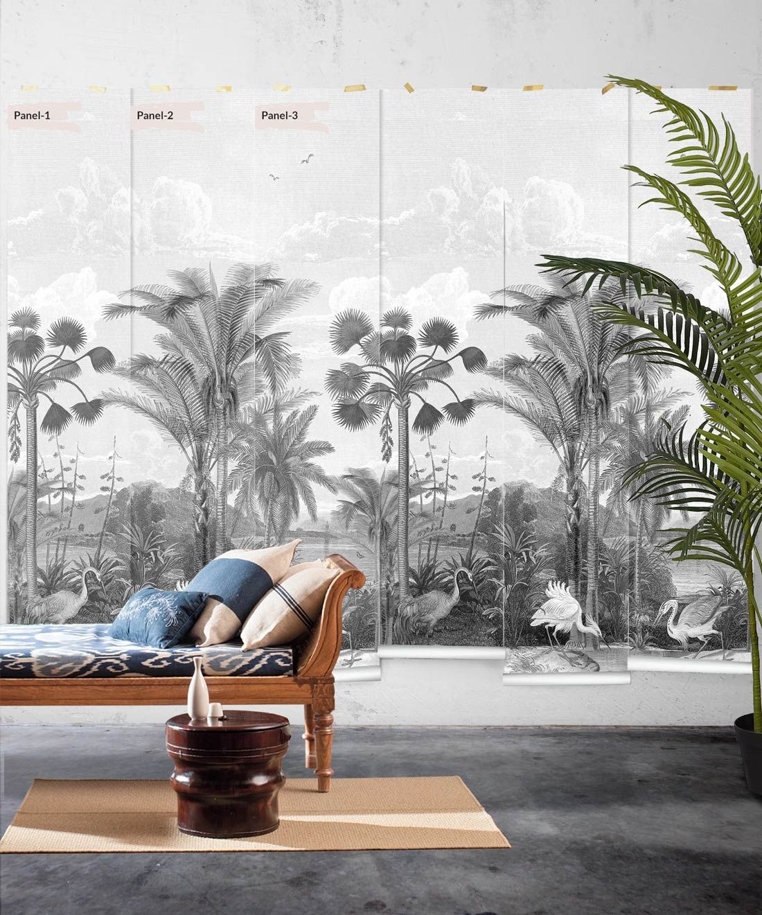 South Asian Subcontinent Wallpaper Mural •Bethany Linz • Palm Tree Mural • Black & White • Panels