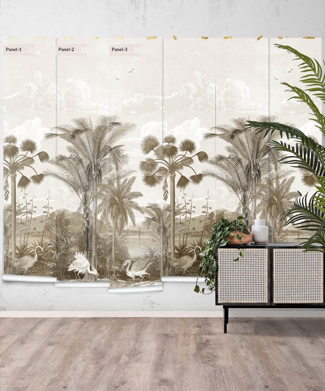 South Asian Subcontinent Wallpaper Mural •Bethany Linz • Palm Tree Mural • Sepia • Panels