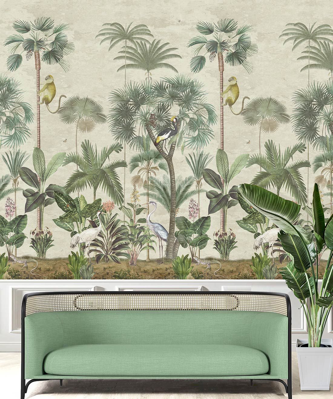 Indian Summer Wallpaper Mural •Bethany Linz • Palm Tree Mural • Aged • Insitu with mint Green sofa