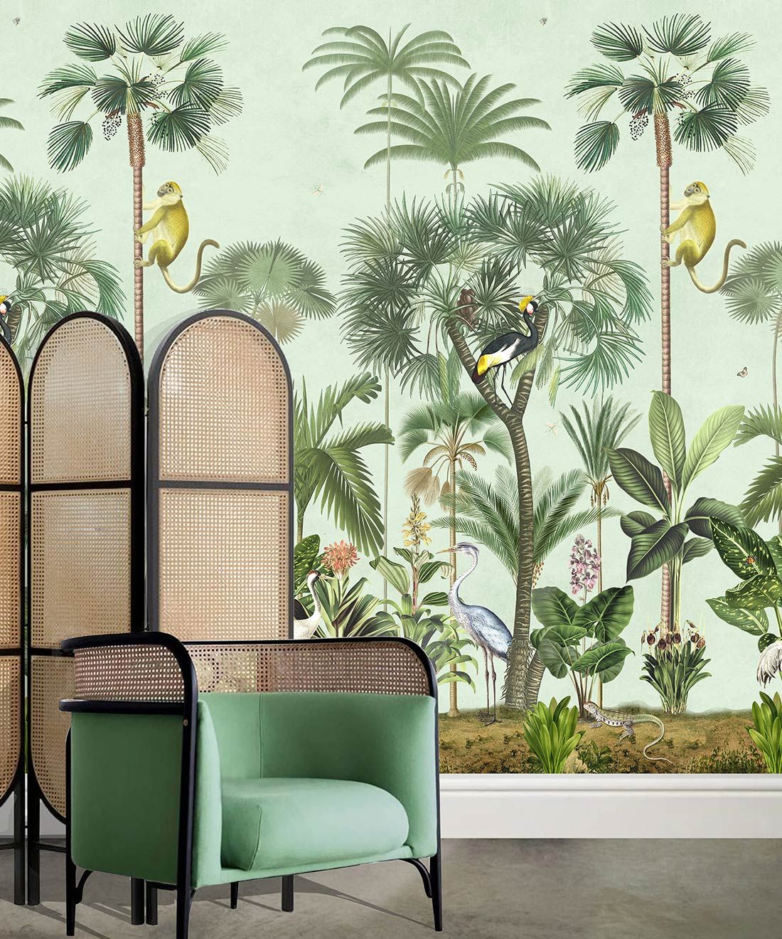 Indian Summer Wallpaper Mural •Bethany Linz • Palm Tree Mural • Blue • Insitu with chair
