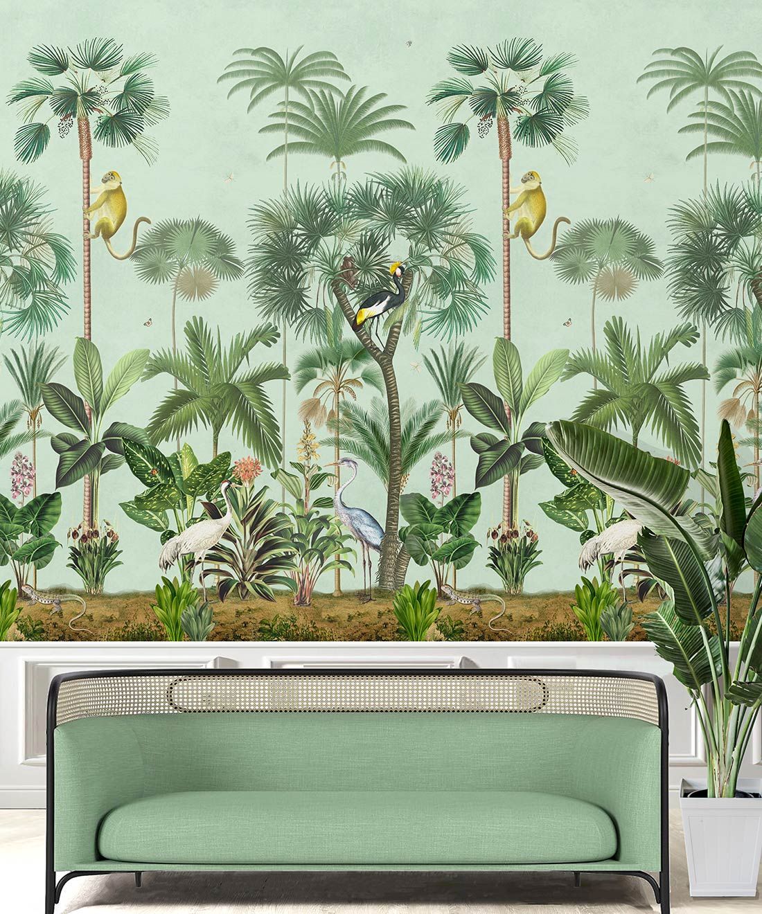 Indian Summer Wallpaper Mural •Bethany Linz • Palm Tree Mural • Blue • Inisitu with mint green sofa