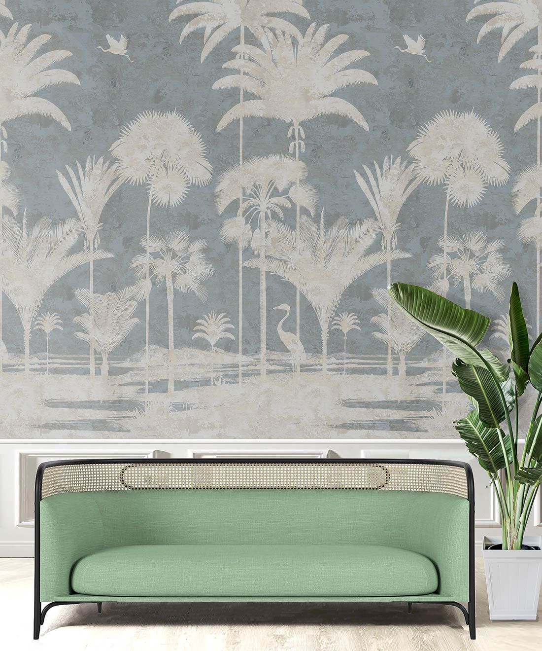 Shadow Palms Wallpaper Mural •Bethany Linz • Palm Tree Mural • Blue • Insitu with mint green sofa