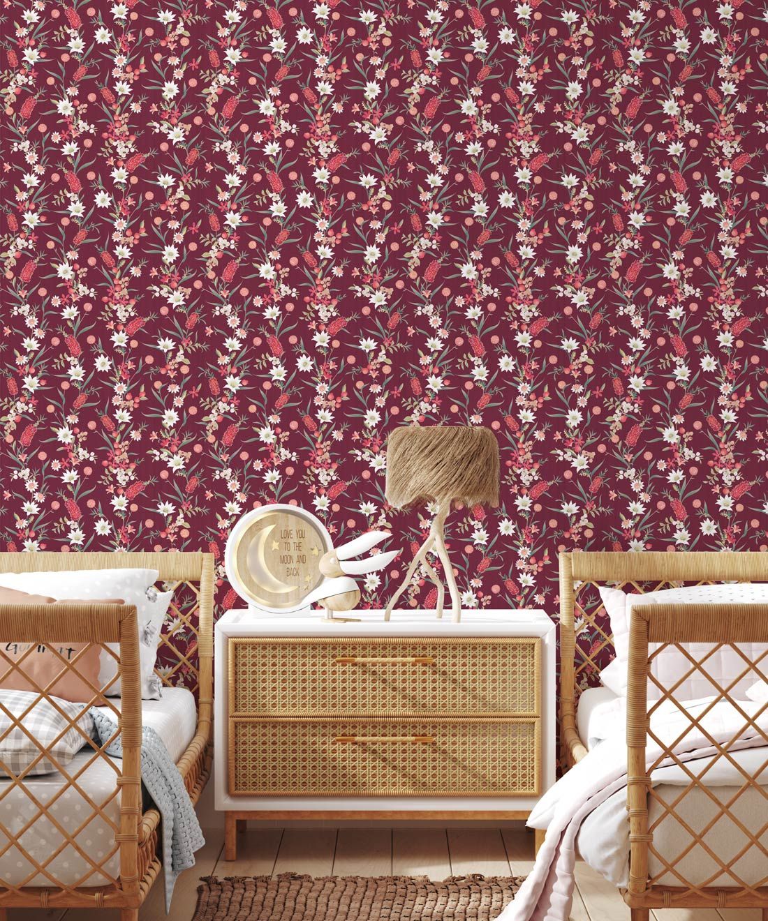 Bottlebrush Wallpaper • Grandmillenial Wallpaper • Maroon • Insitu