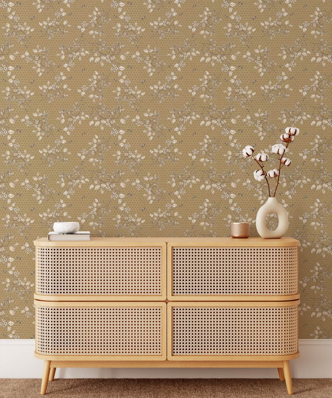 Bee Blossom Wallpaper • Hackney & Co. • Gold • Insitu