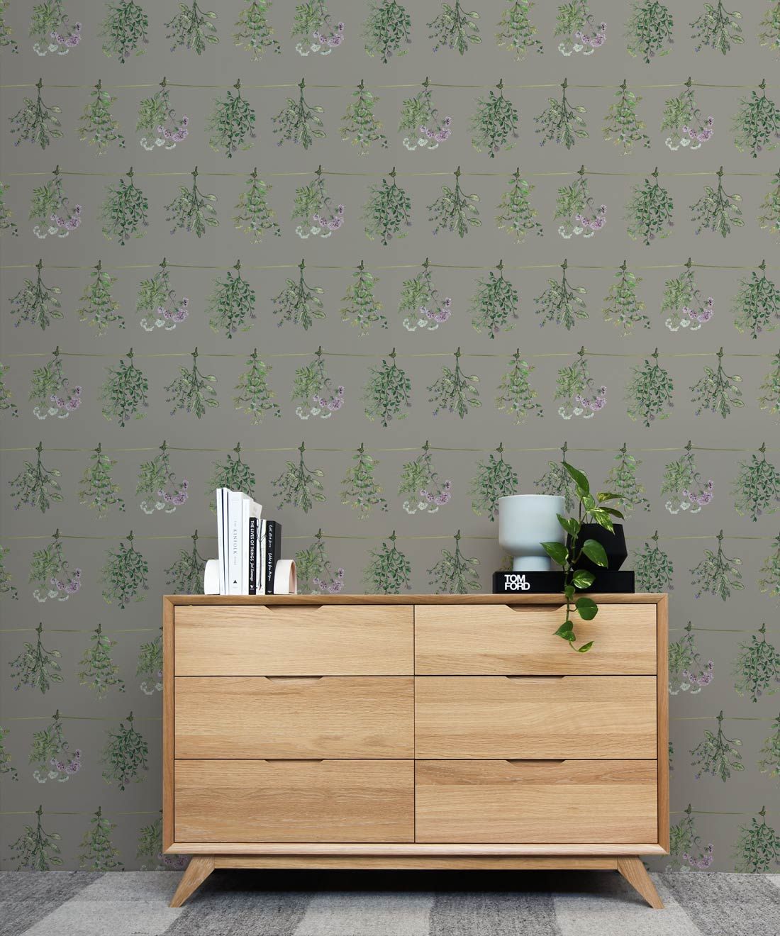 Dried Herbs Wallpaper • Hackney & Co. • Sage Grey • Insitu