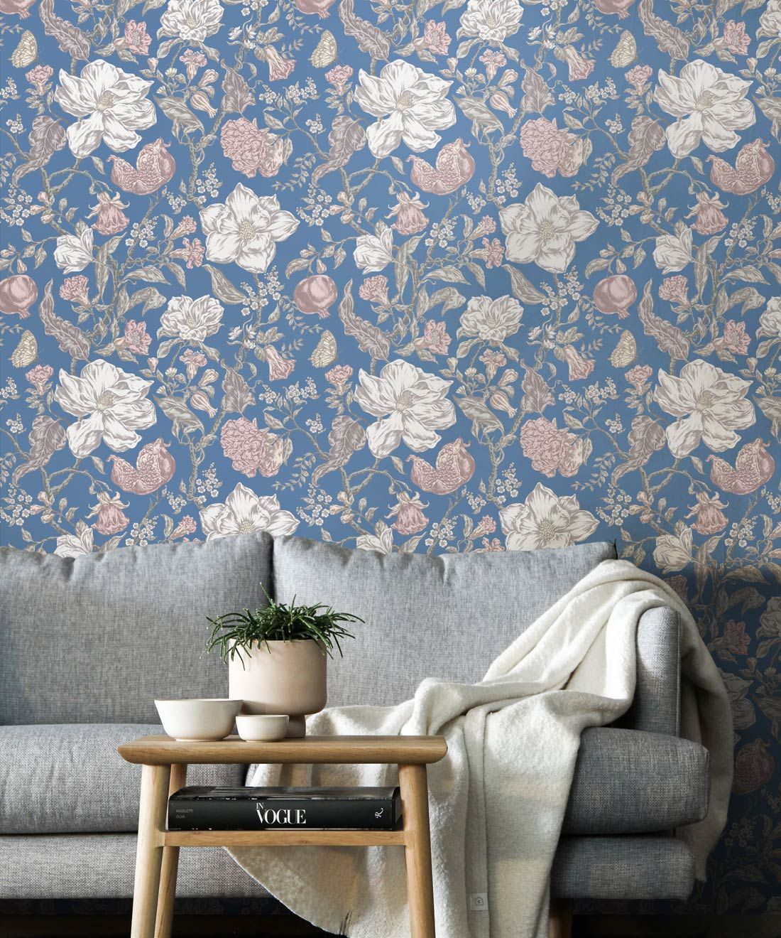 Magnolia Garden Wallpaper • Floral Wallpaper with Pomegranates • Iryna Ruggeri • Blue • Insitu
