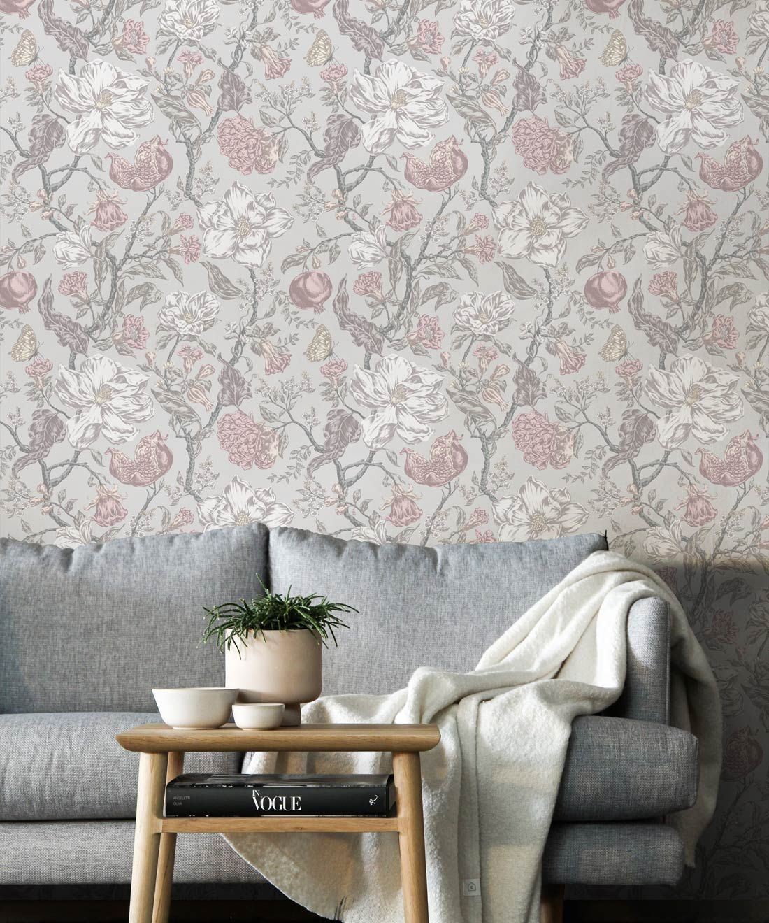 Magnolia Garden Wallpaper • Floral Wallpaper with Pomegranates • Iryna Ruggeri • Grey • Insitu