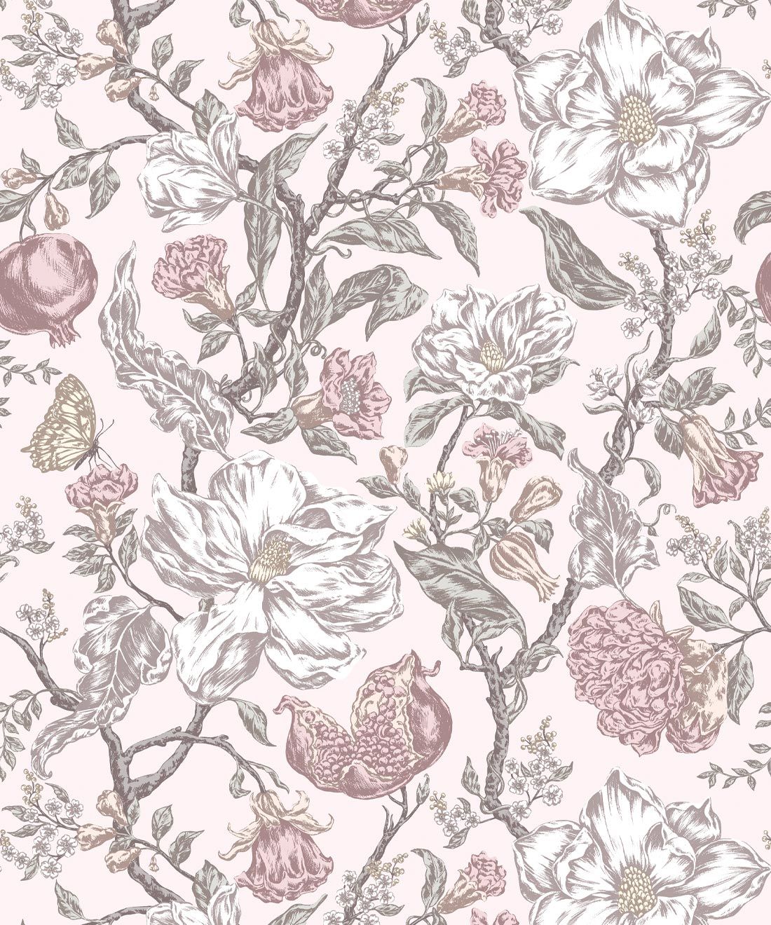 Magnolia Garden Wallpaper • Floral Wallpaper with Pomegranates • Iryna Ruggeri • Pink • Swatch