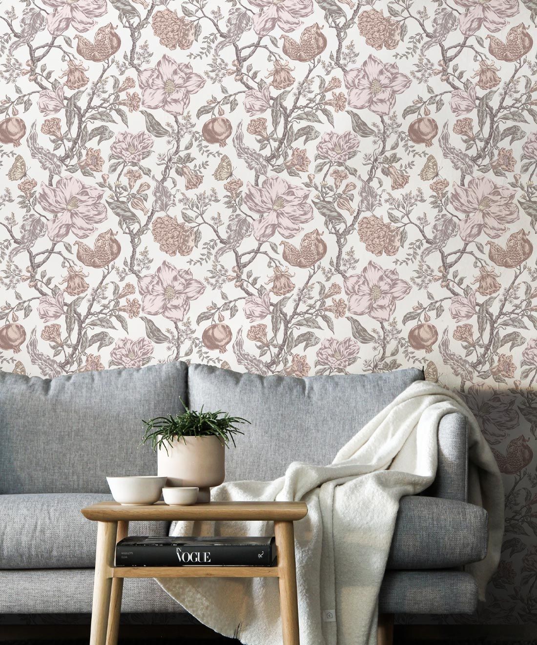 Magnolia Garden Wallpaper • Floral Wallpaper with Pomegranates • Iryna Ruggeri • White • Insitu