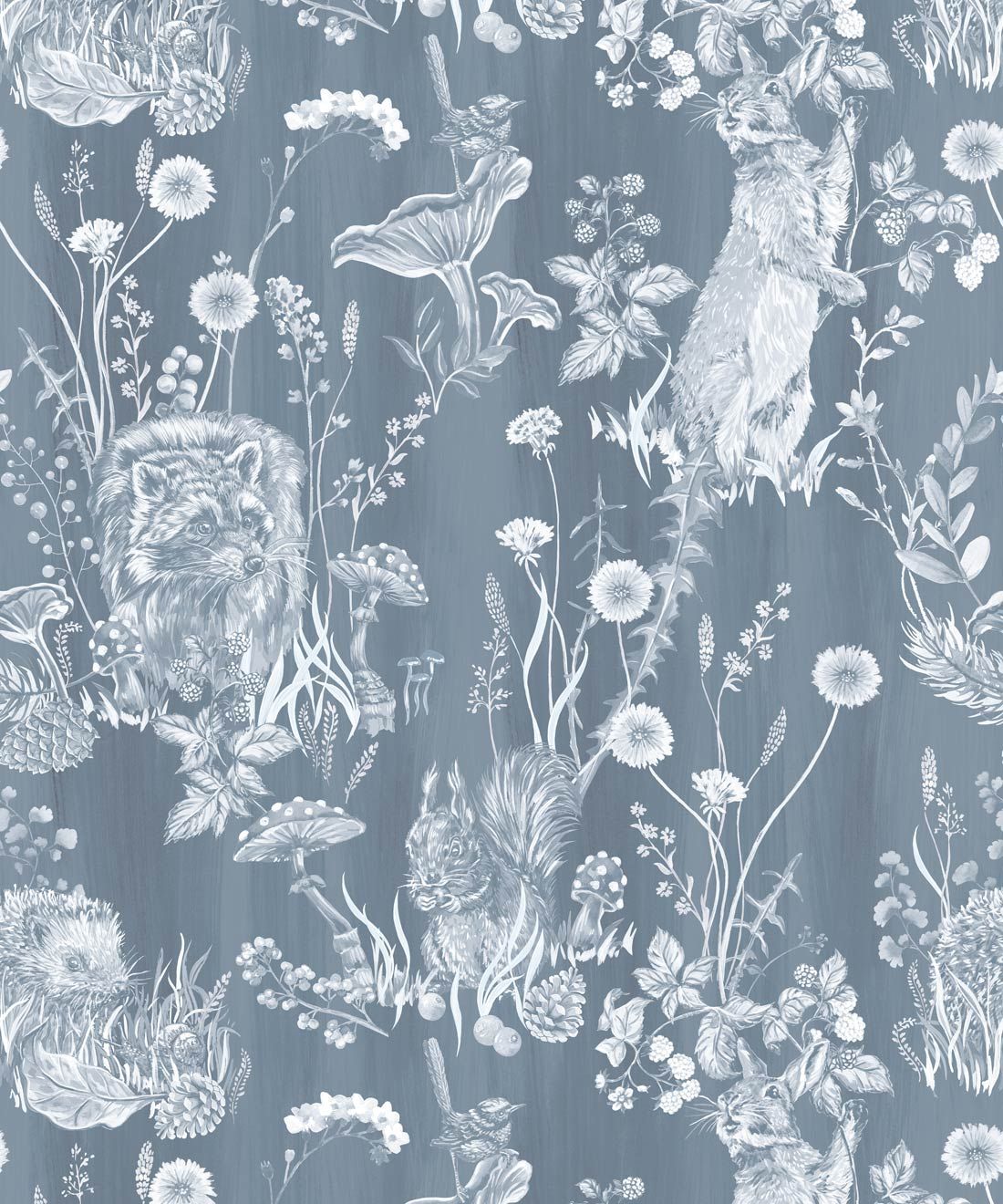 Woodland Friends Wallpaper • painted animal • Forest Wallpaper with rabbits, hares, raccoons • Iryna Ruggeri • Arctic • Swatch