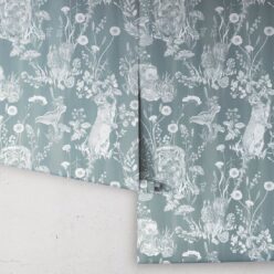 Woodland Friends Wallpaper • Forest Wallpaper with rabbits, hares, raccoons • Iryna Ruggeri • Duck Egg • Rolls