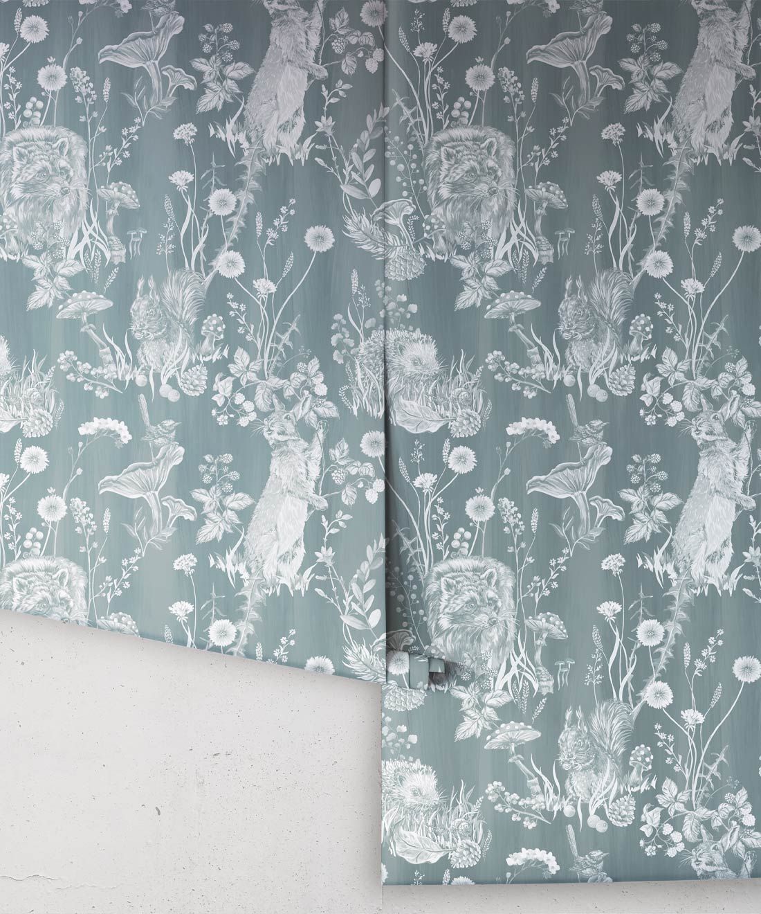 Woodland Friends Wallpaper • Forest Wallpaper with rabbits, hares, raccoons • Iryna Ruggeri • Duck Egg • Rolls