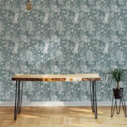 Woodland Friends Wallpaper • Forest Wallpaper with rabbits, hares, raccoons • Iryna Ruggeri • Duck Egg • Insitu