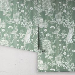 Woodland Friends Wallpaper • Forest Wallpaper with rabbits, hares, raccoons • Iryna Ruggeri • Green • Rolls