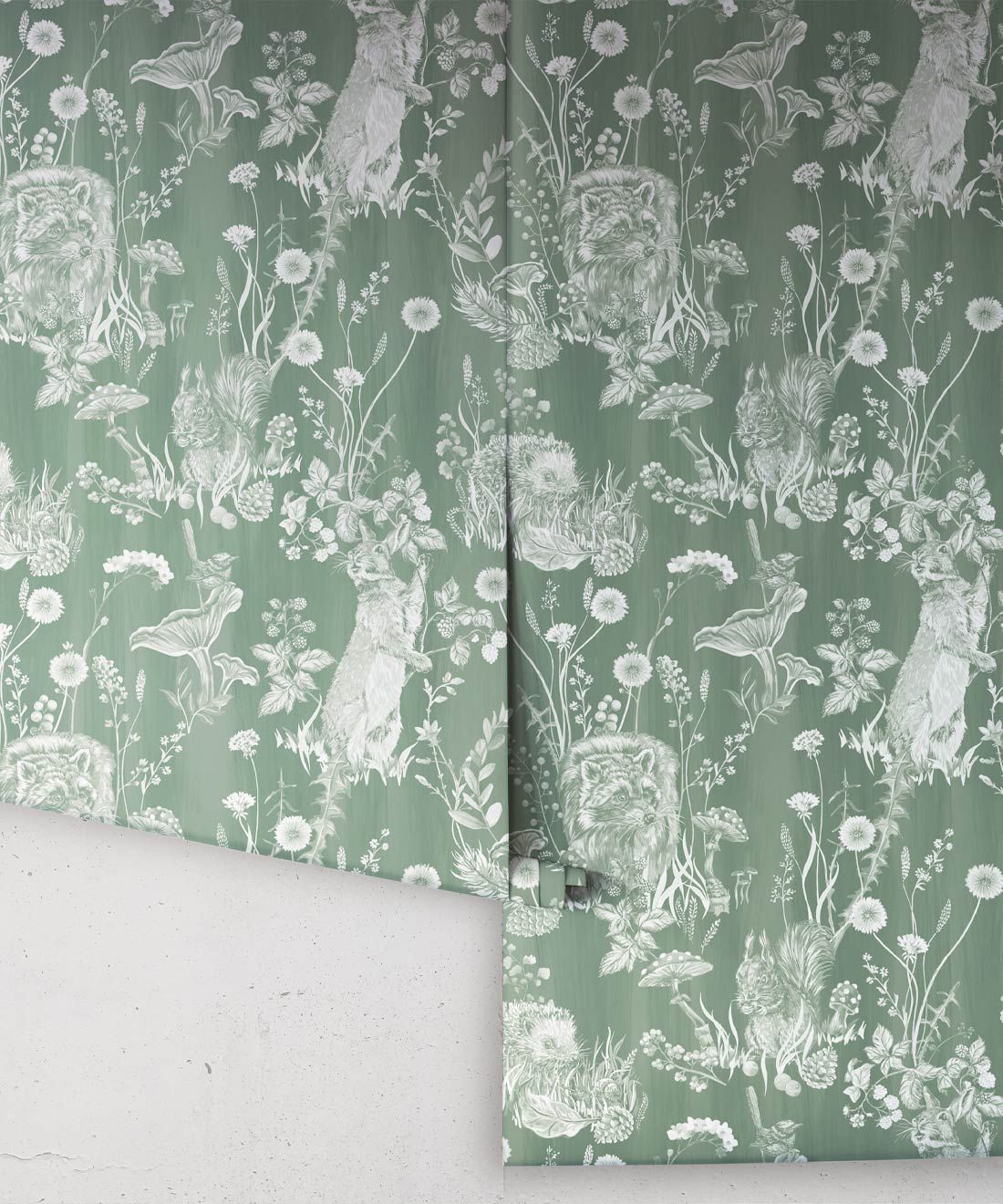 Woodland Friends Wallpaper • Forest Wallpaper with rabbits, hares, raccoons • Iryna Ruggeri • Green • Rolls