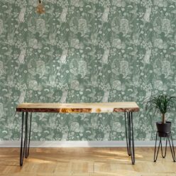 Woodland Friends Wallpaper • Forest Wallpaper with rabbits, hares, raccoons • Iryna Ruggeri • Green • Insitu