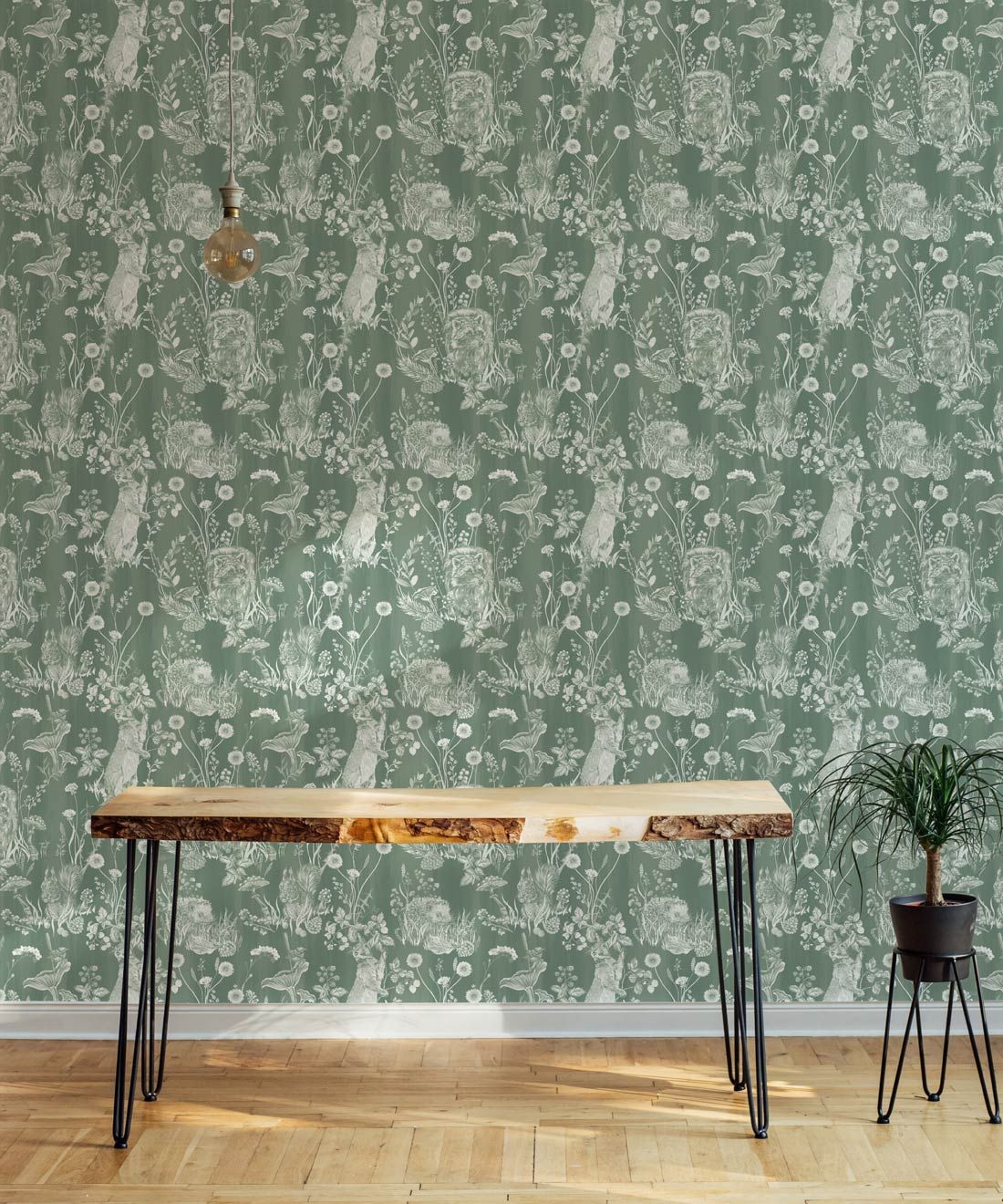 Woodland Friends Wallpaper • Forest Wallpaper with rabbits, hares, raccoons • Iryna Ruggeri • Green • Insitu