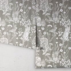 Woodland Friends Wallpaper • Forest Wallpaper with rabbits, hares, raccoons • Iryna Ruggeri • Grey • Rolls