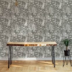 Woodland Friends Wallpaper • Forest Wallpaper with rabbits, hares, raccoons • Iryna Ruggeri • Grey • Insitu