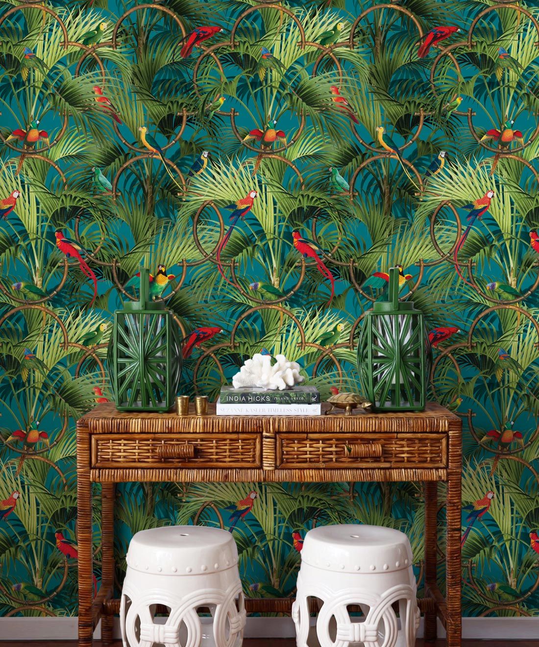 Copacabana Wallpaper • Tropical Bird Wallpaper • Oxford Blue • Insitu