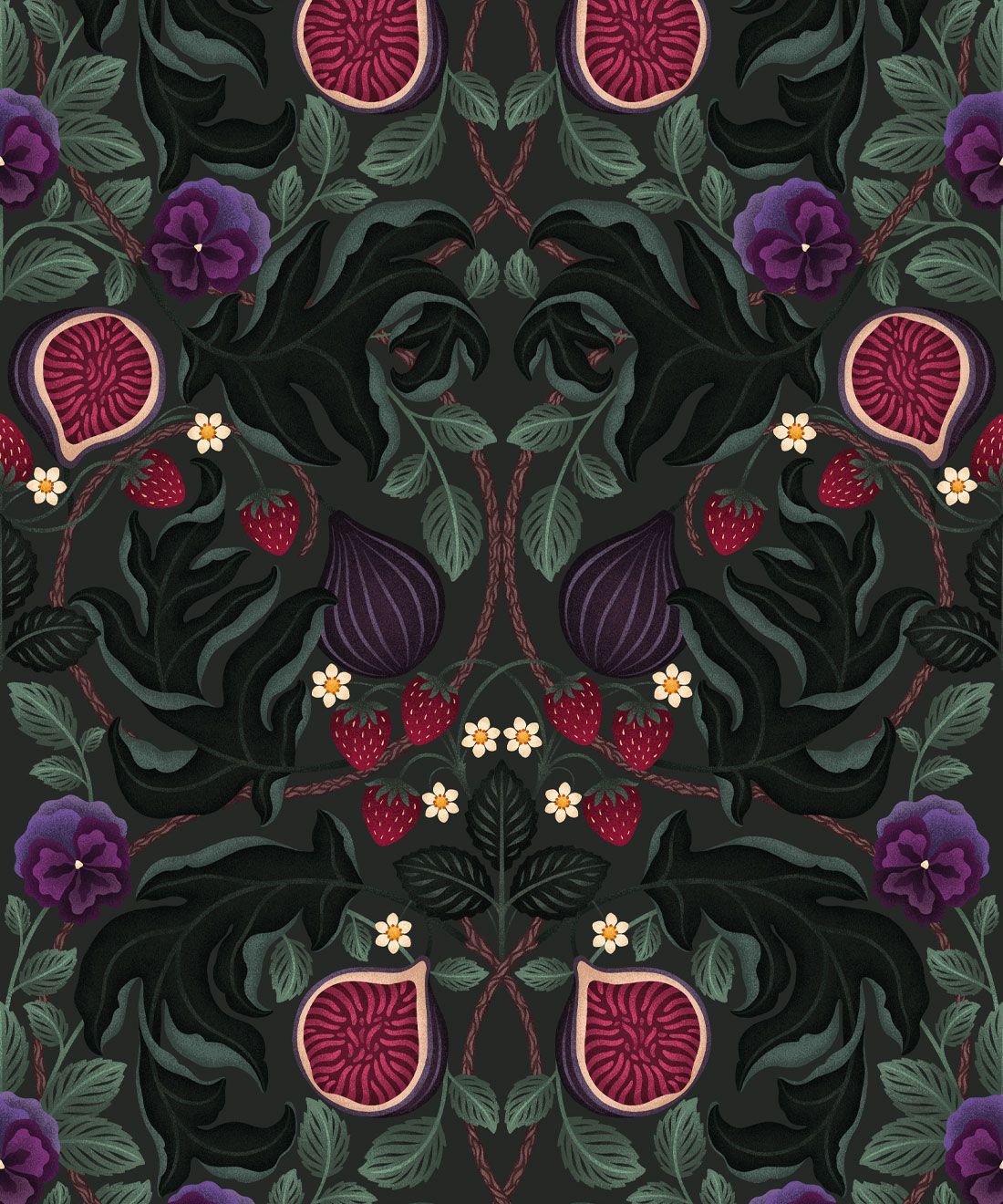 Figs & Strawberries Wallpaper • Botanical Fruit Wallpaper • Forest Green • Swatch
