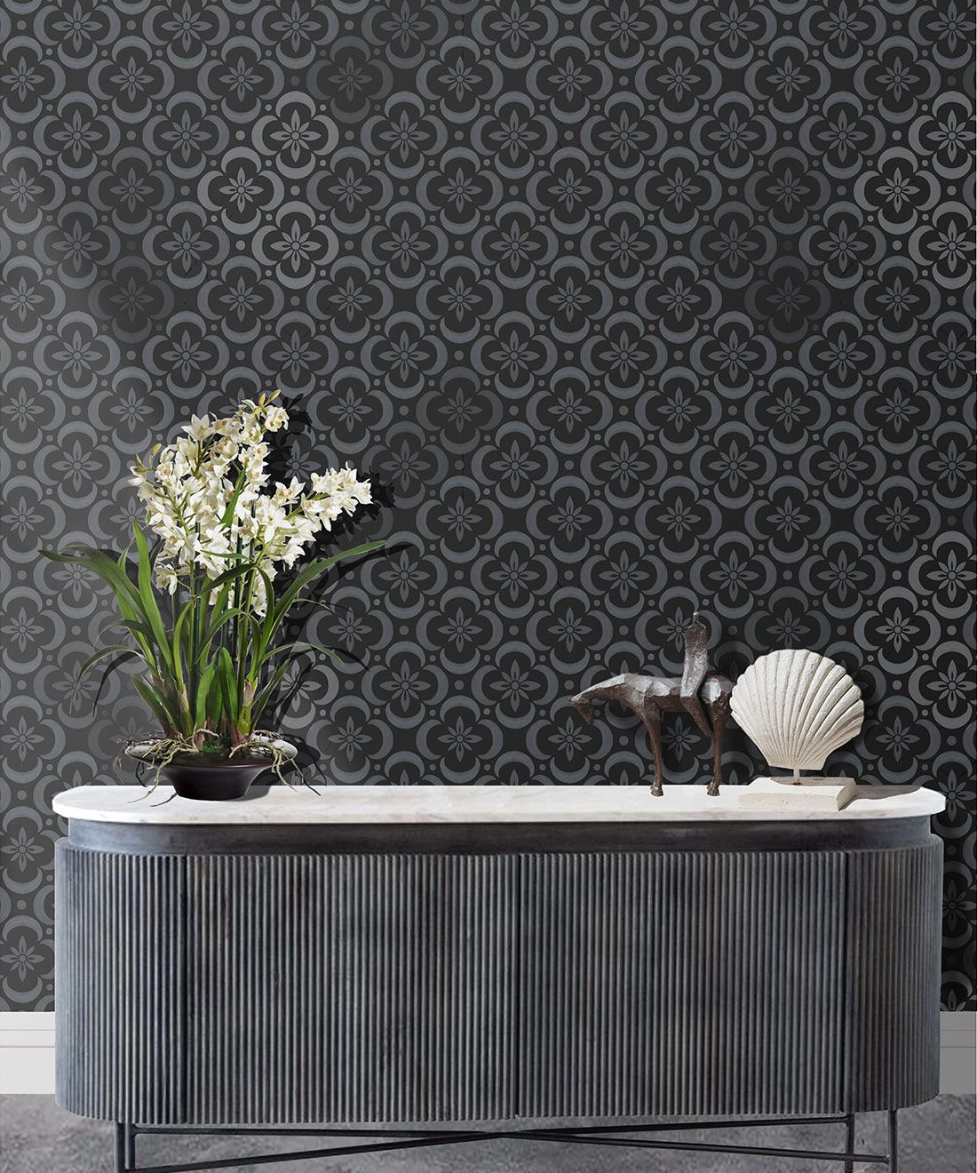 Garden Tiles Wallpaper • Geometric Wallpaper • Charcoal • Insitu