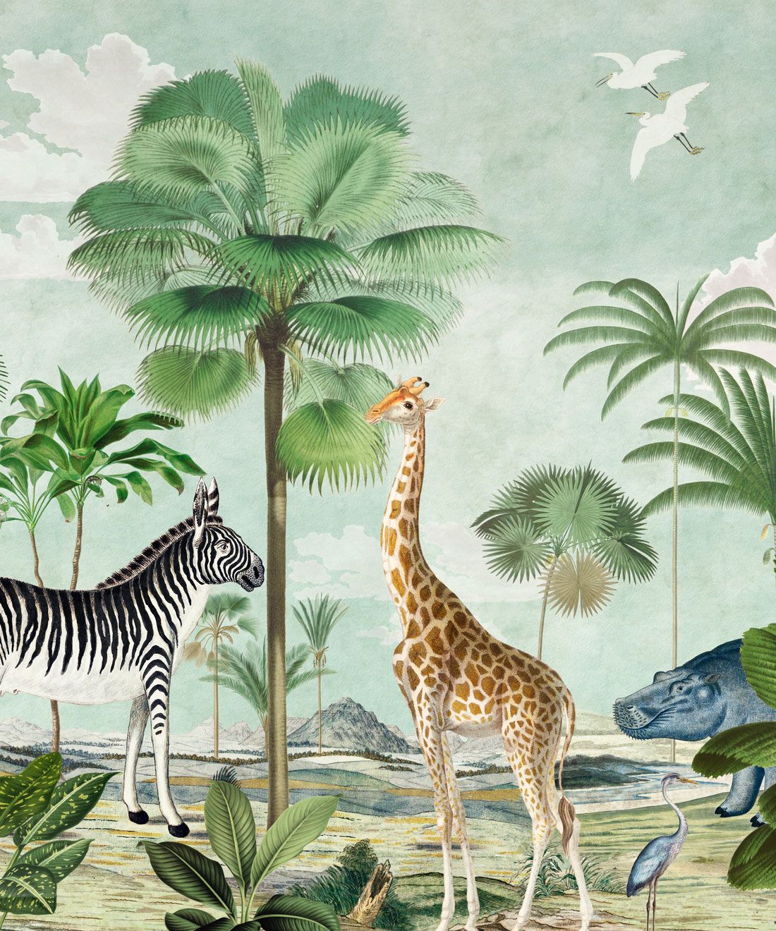 Safari Mural • Bethany Linz • Animal Mural • Childrens Mural • Kids Mural with giraffe, zebra, ostrich • tropical mural • swatch