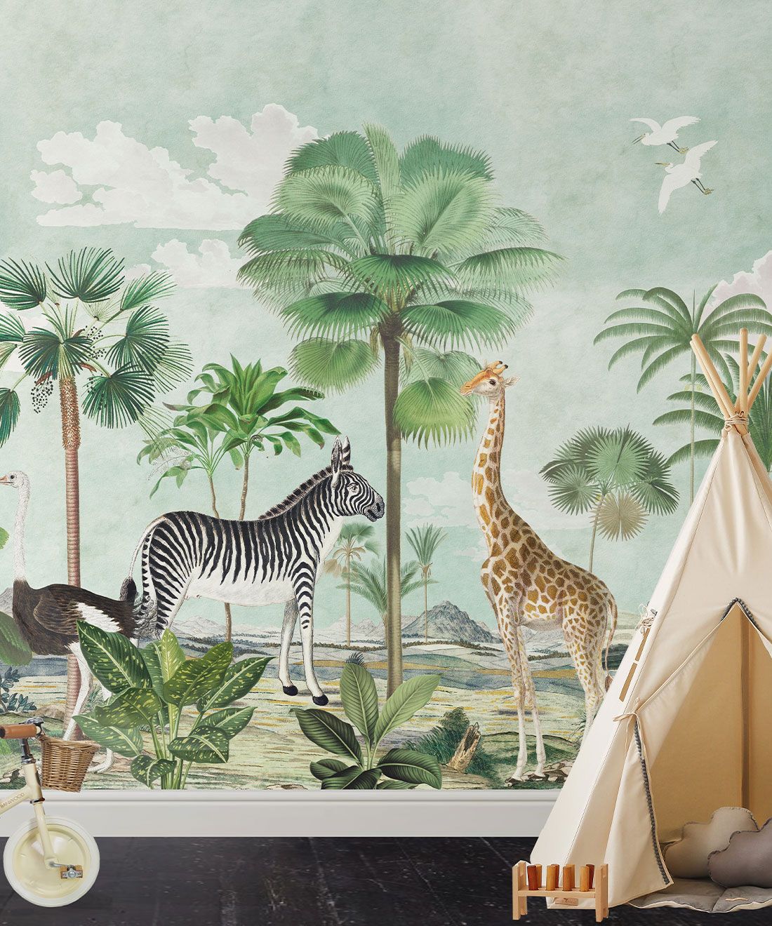 Safari Mural • Bethany Linz • Animal Mural • Childrens Mural • Kids Mural with giraffe, zebra, ostrich • tropical mural • Insitu