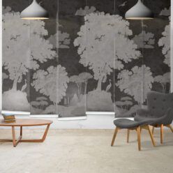 Tuscan Landscape Mural • Italian Wallpaper • Tree Wallpaper • Silhouette Wallpaper • Charcoal • Panels