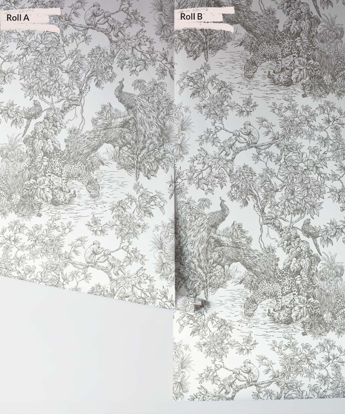 Sinharaja Wallpaper • Vintage Jungle Toile Wallpaper • Grey • Rolls