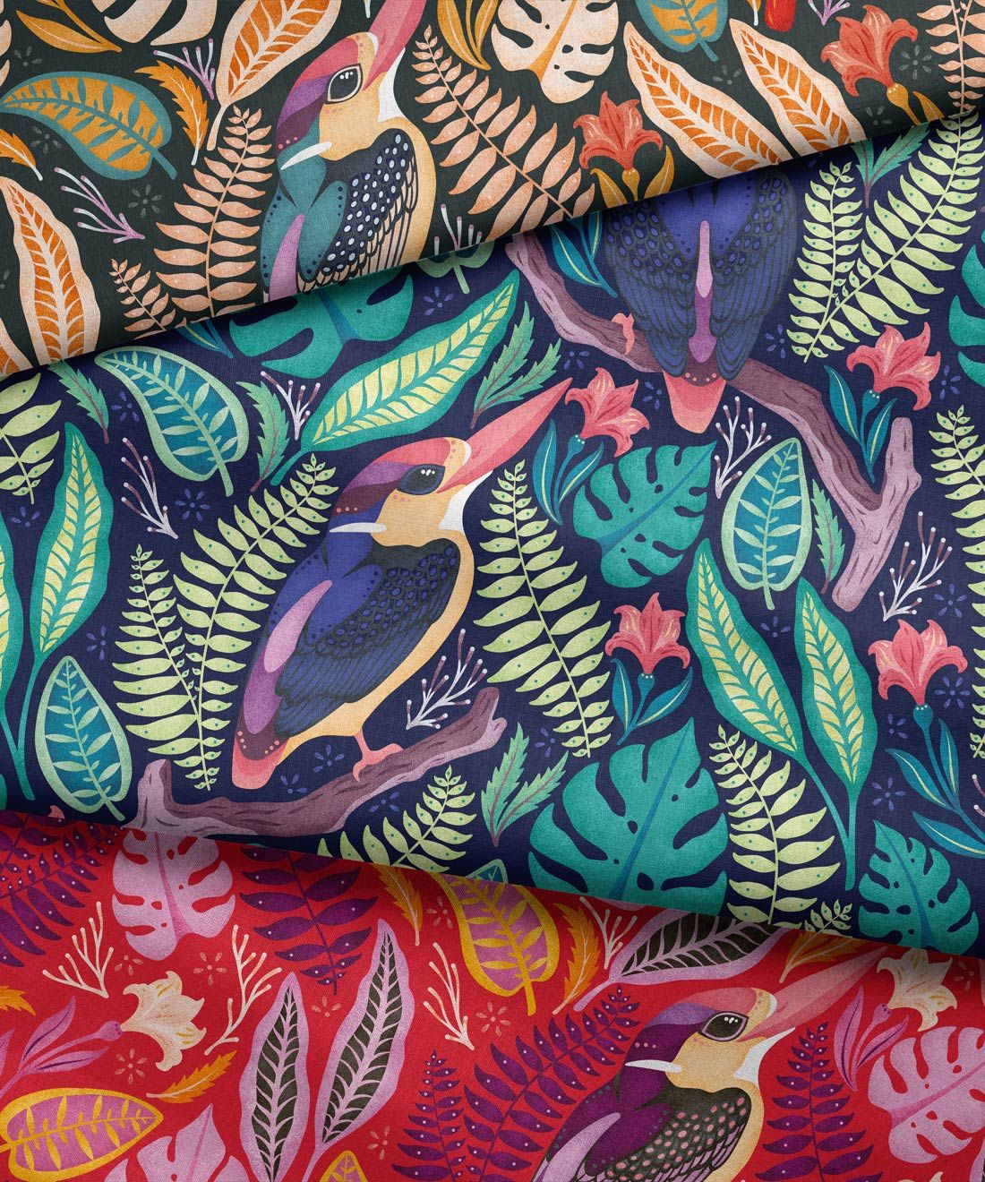Exotic Kingfishers Fabric • Bird Fabric • Layered