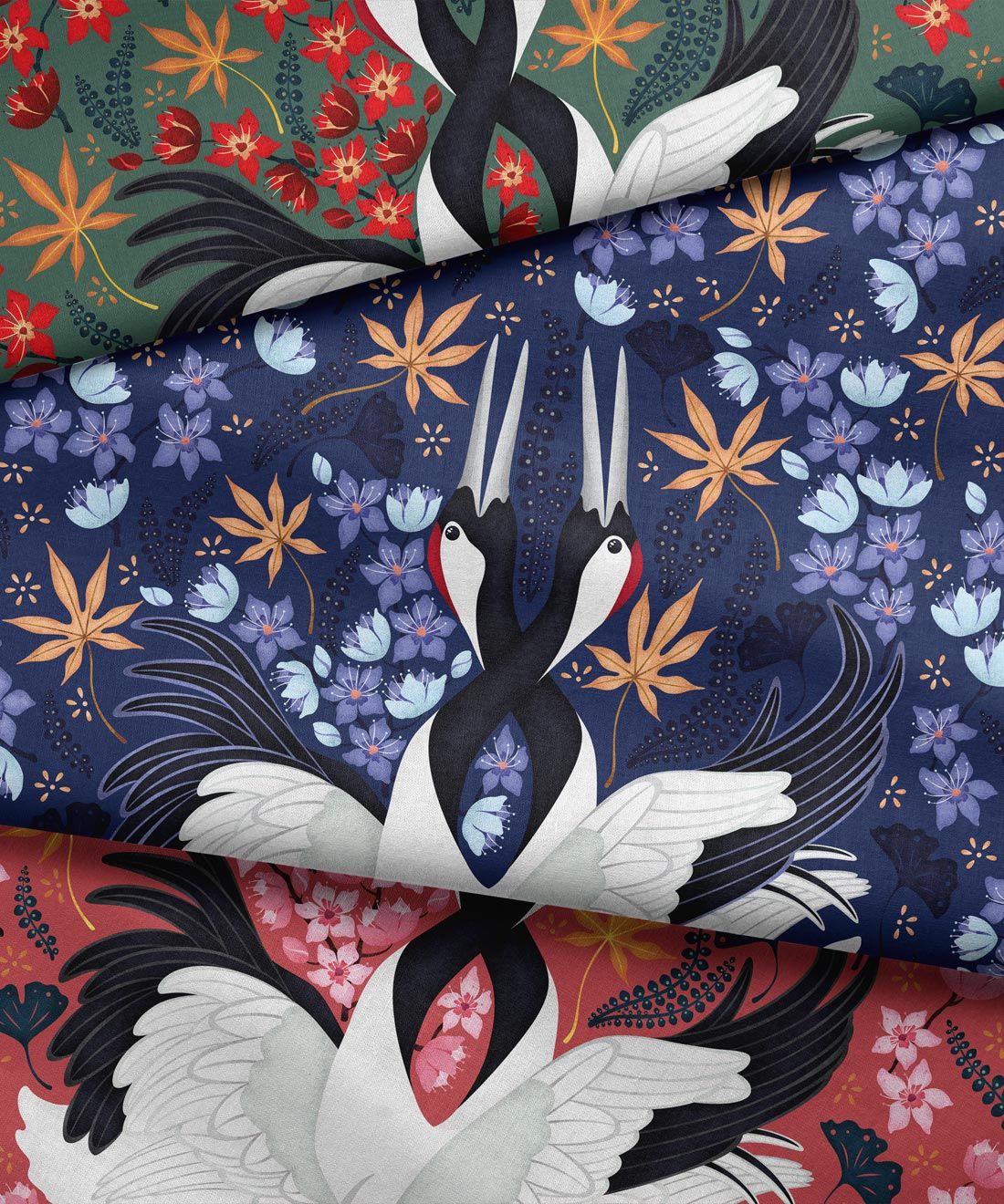 Japanese Cranes Fabric • Bird Fabric • Layered