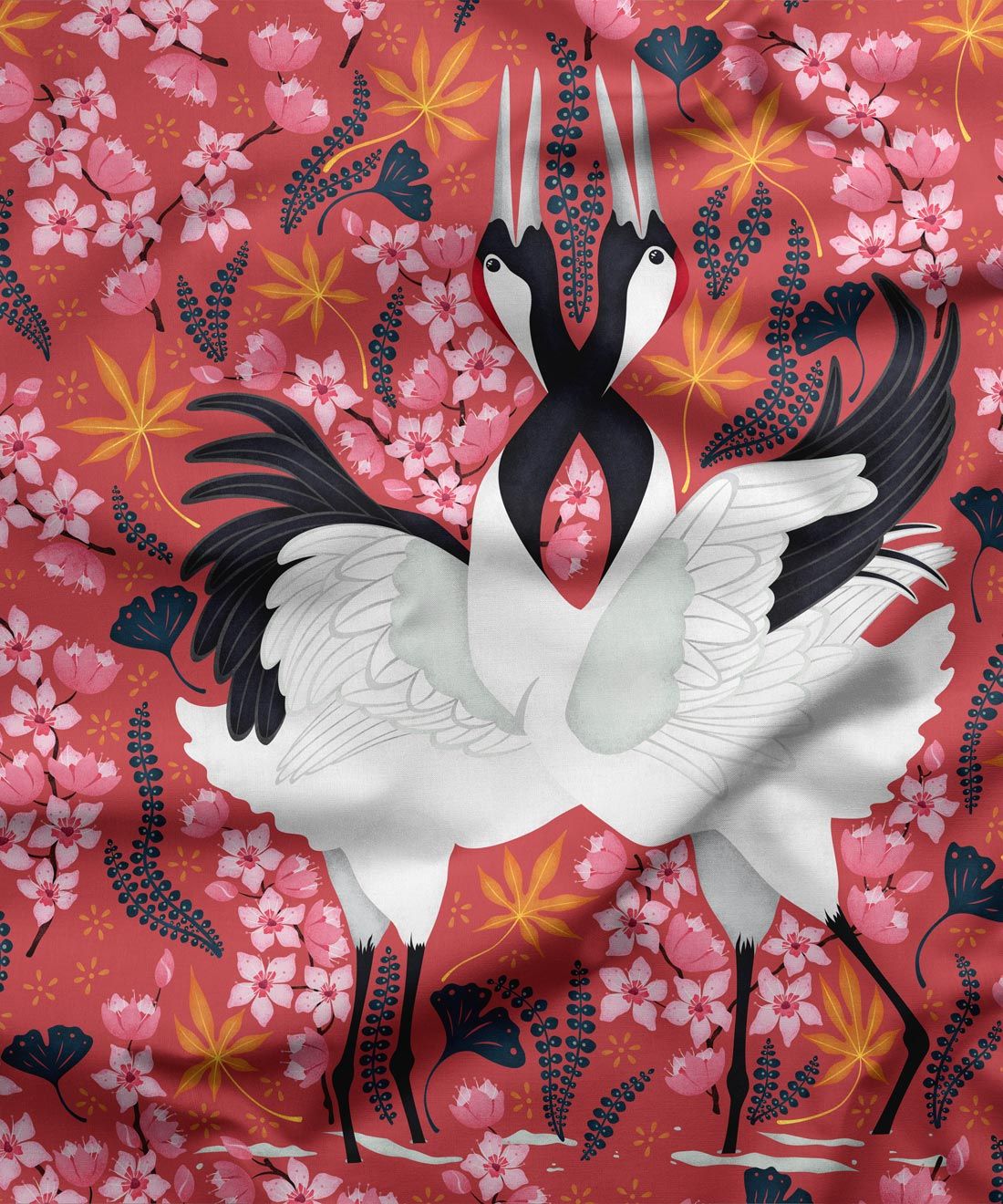 Japanese Cranes Fabric • Bird Fabric • Pink • Swatch