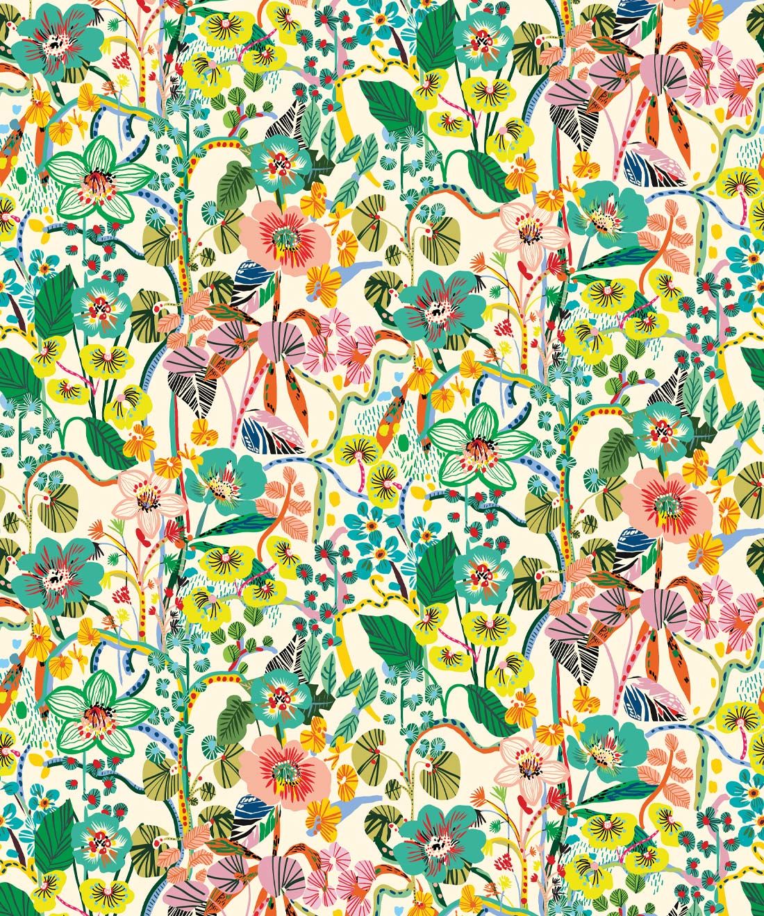 Jardin Aux Mille Fleurs • Colorful Bold Floral Wallpaper • Kitty McCall • Swatch