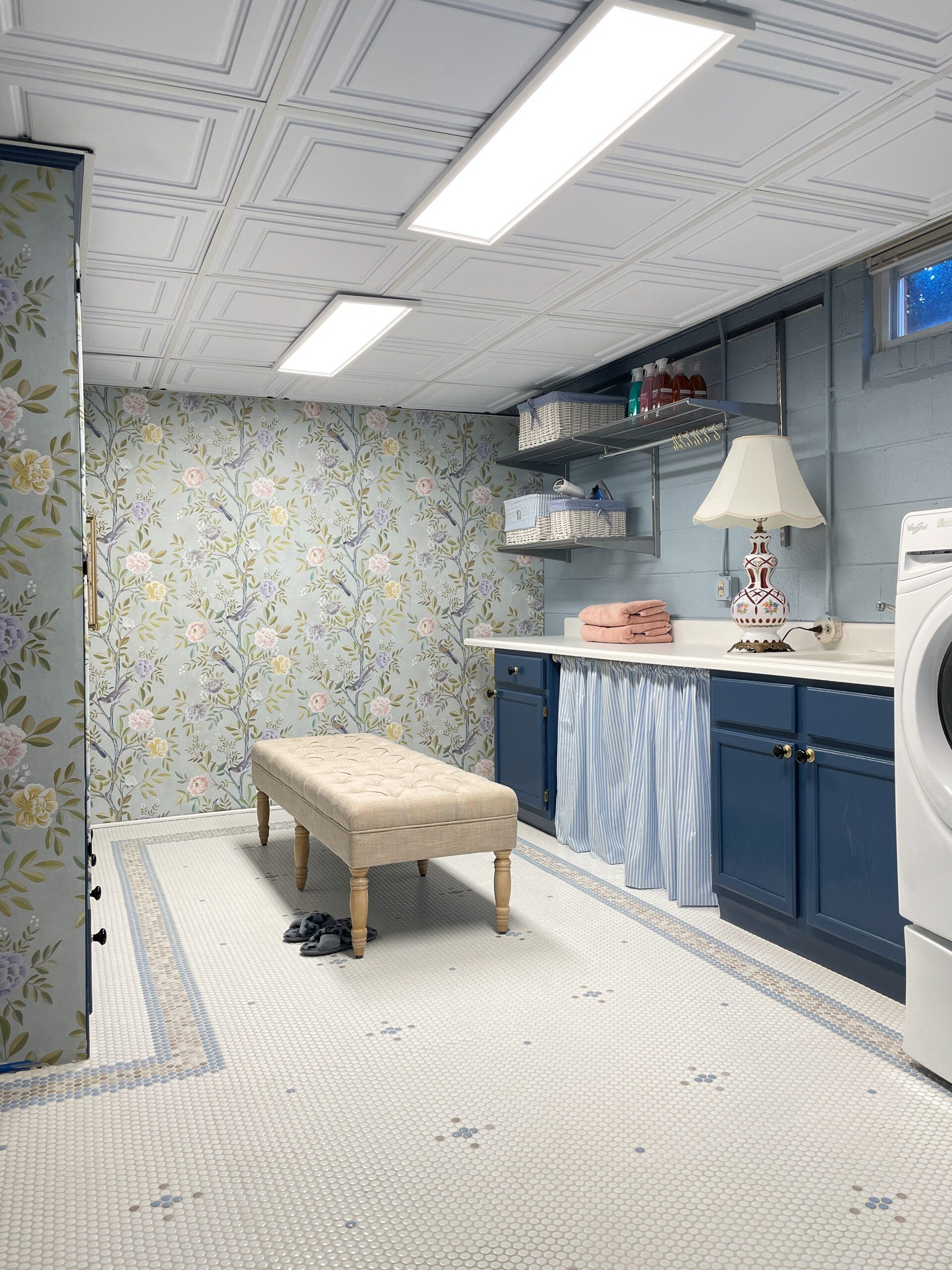 White Laundry Room with Blue and Teal Wallpaper  Transitional  Laundry  Room