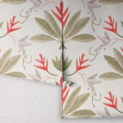 Hummingbirds & Heliconias Wallpaper • Allira Tee • Bird Wallpaper • Beige • Rolls