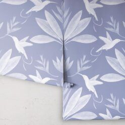Hummingbirds & Heliconias Wallpaper • Allira Tee • Bird Wallpaper • Blue • Rolls
