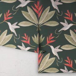 Hummingbirds & Heliconias Wallpaper • Allira Tee • Bird Wallpaper • Forest Green • Rolls