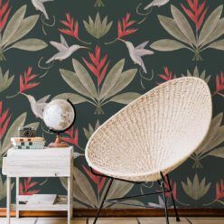 Hummingbirds & Heliconias Wallpaper • Allira Tee • Bird Wallpaper • Forest Green • Insitu