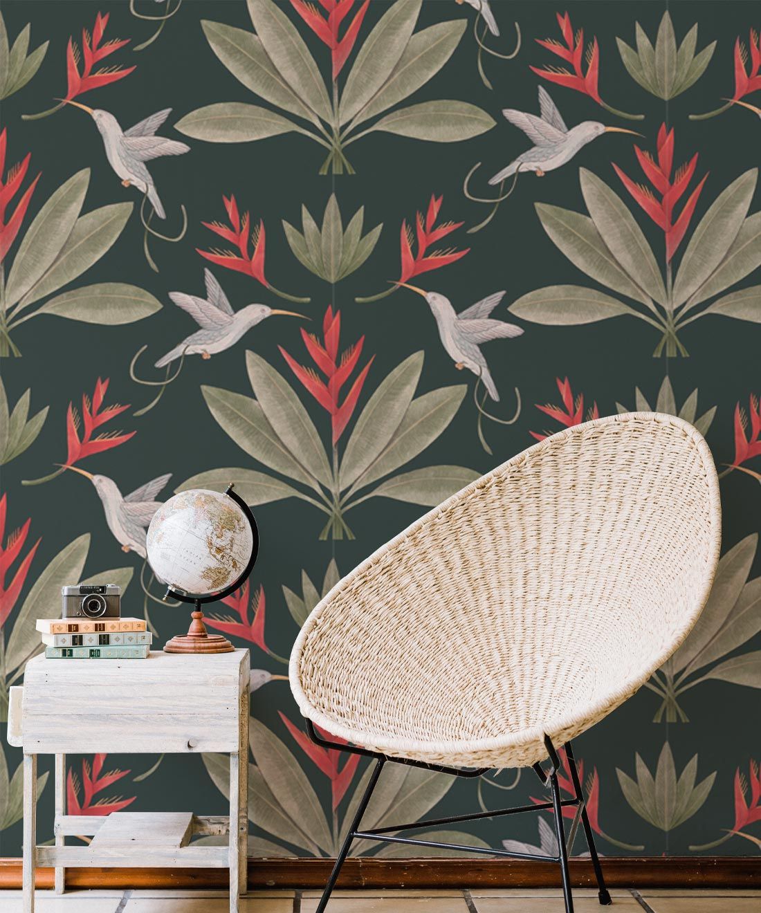 Hummingbirds & Heliconias Wallpaper • Allira Tee • Bird Wallpaper • Forest Green • Insitu