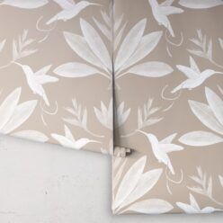 Hummingbirds & Heliconias Wallpaper • Allira Tee • Bird Wallpaper • Sand • Rolls