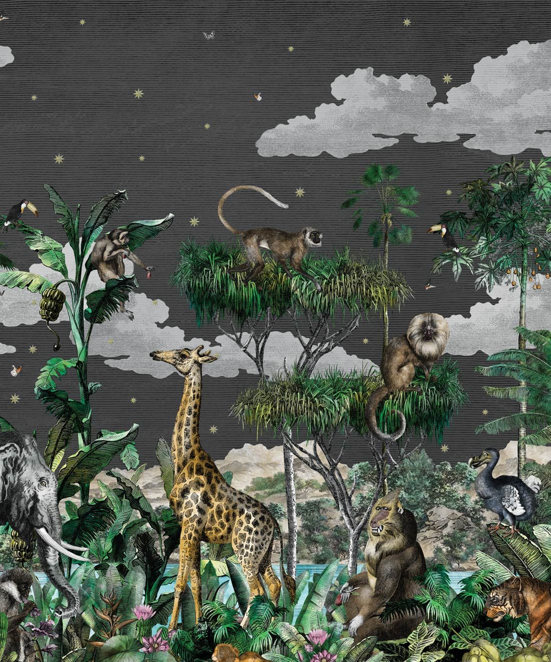 Etched Safari Mural • Animal Wallpaper • Night • Swatch