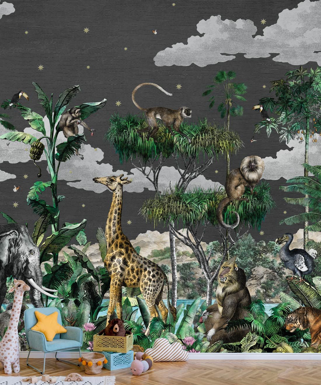 Etched Safari Mural • Animal Wallpaper • Night • Insitu