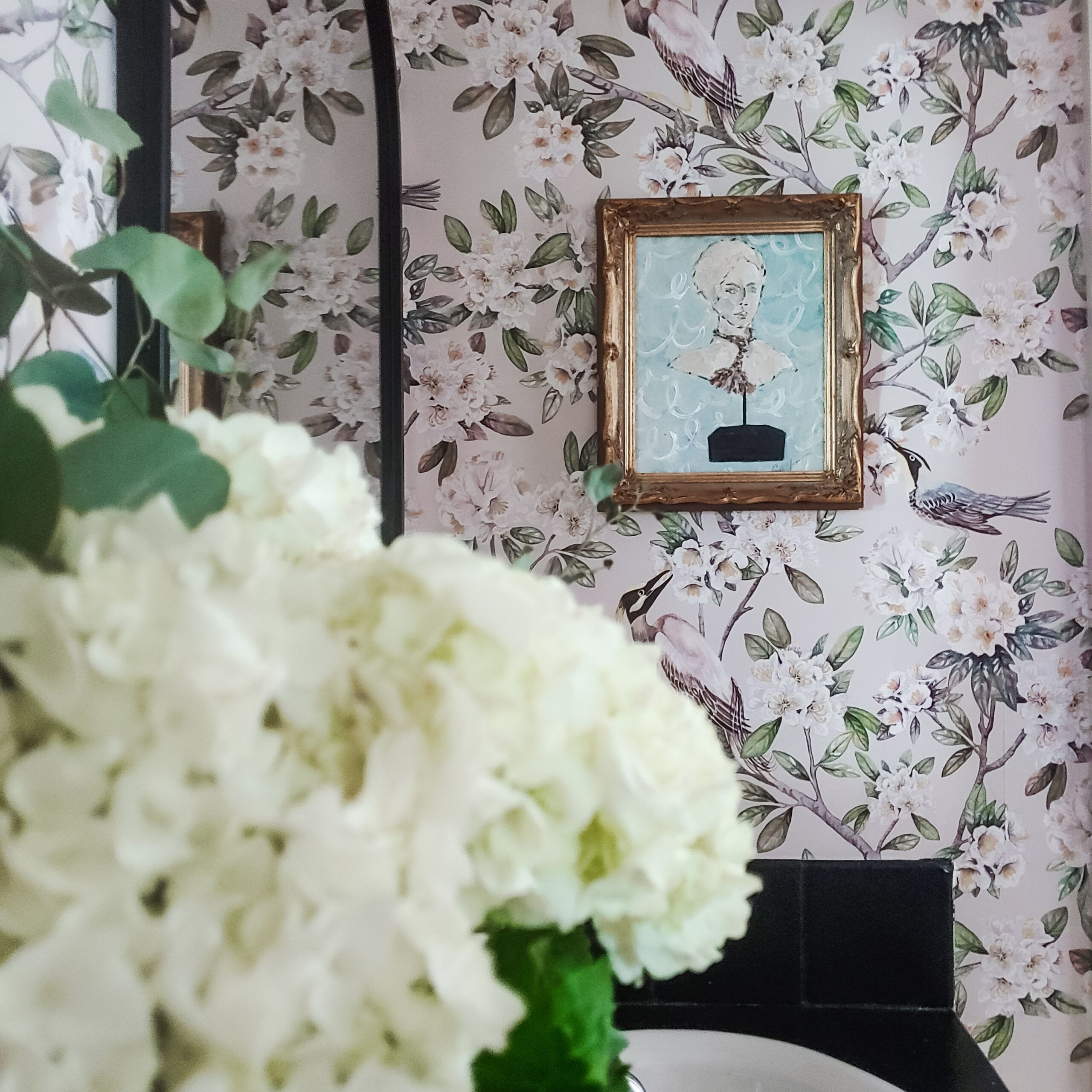 Victoria wallpaper Up Close With Image of Woman framed on wall• Bathroom Wallpaper • G. Lucy Wilkening