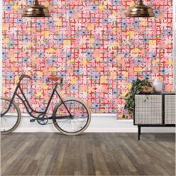 Bees Knees Wallpaper • Tiff Manuell • Colorful Geometric Wallpaper • insitu with table