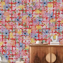 Bees Knees Wallpaper • Tiff Manuell • Colorful Geometric Wallpaper • insitu with table