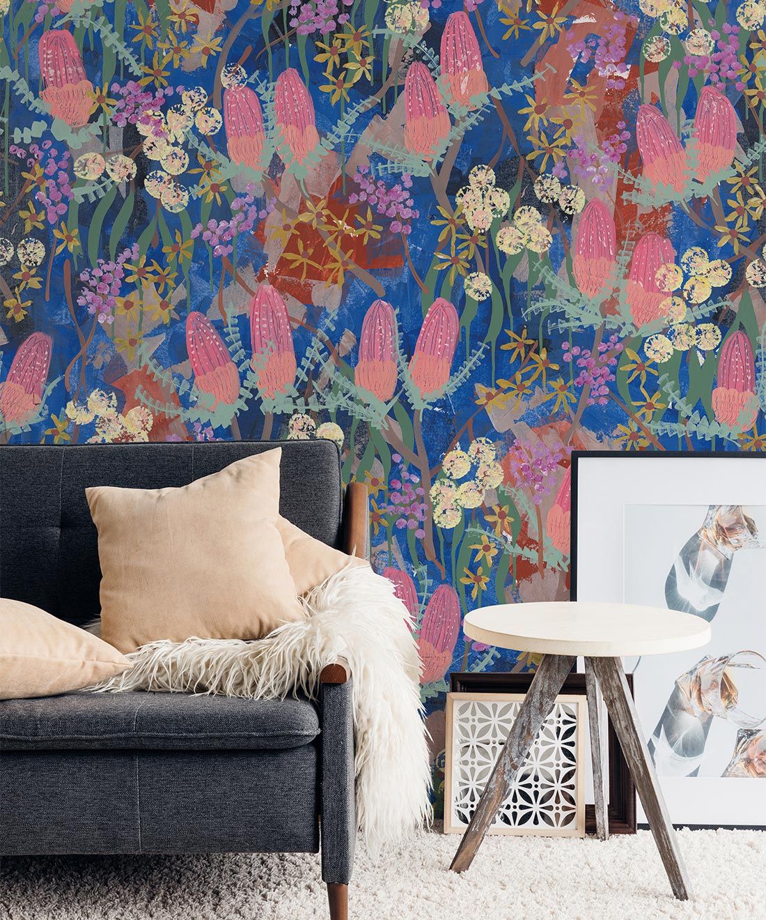 Garden Song Wallpaper • Tiff Manuell • Colorful Floral Wallpaper • Insitu With sofa