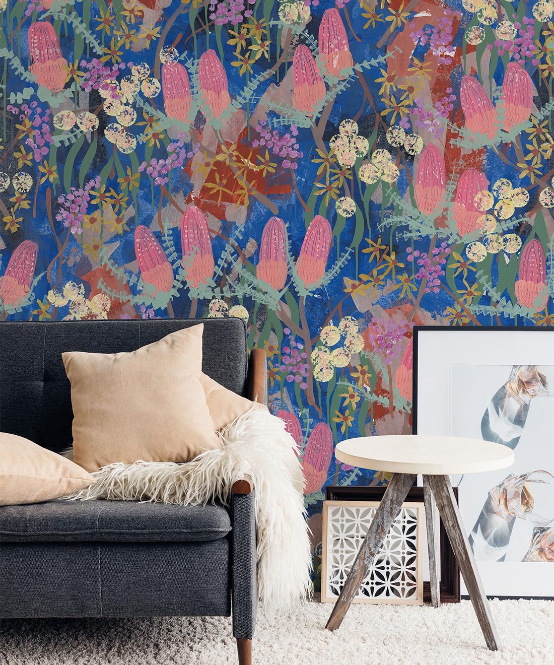 Garden Song Wallpaper • Tiff Manuell • Colorful Floral Wallpaper • Sofa