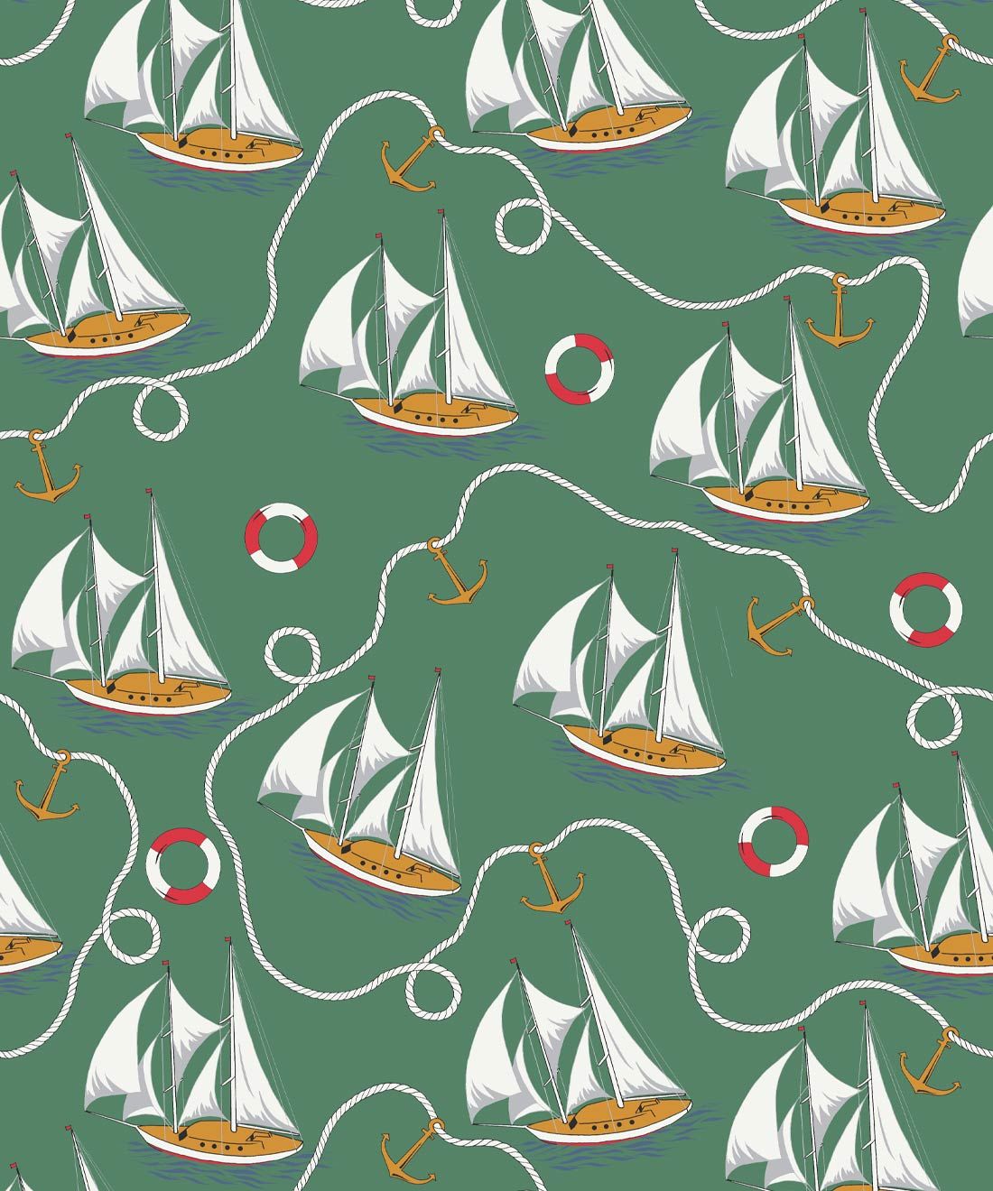Hey Sailor Wallpaper • Kip&Co • Sailboats and Buoys • Nautical Wallpaper • Green • Swatch